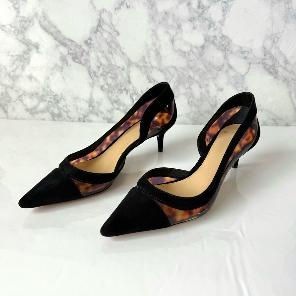 Alexandre Birman Wavee Black Tortoise Vinyl Pointed Toe Kitten Heel Pumps